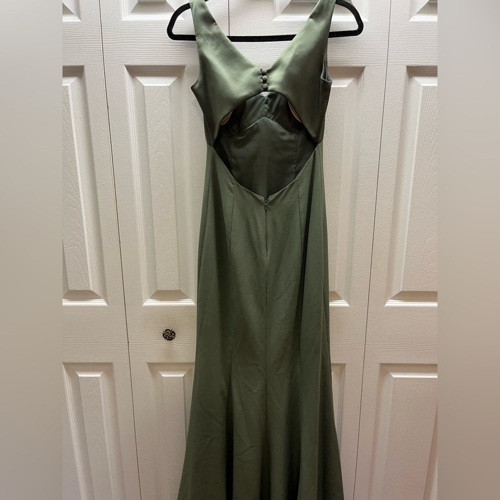 Olive green bridesmaids dress, floor length with high slit. - Picture 2 of 2